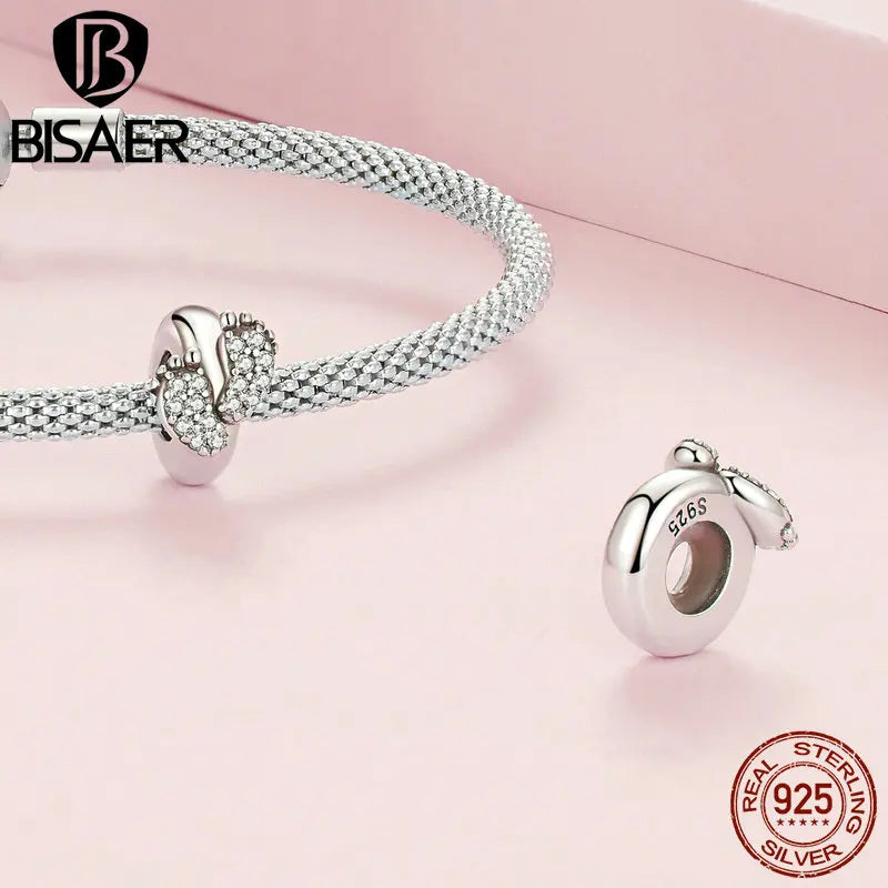 BISAER 925 Sterling Silver Mother Daughter Charm Barefoot Bead Fit Mother's Day Birthday Bracelet Necklace DIY Fine Jewelry