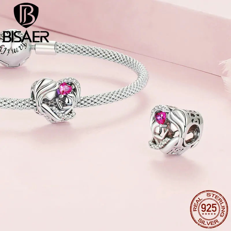 BISAER 925 Sterling Silver Heart Charm Rose Red Love Pendant Fit Mother's Day Birthday Bracelet Necklace DIY Fine Jewelry Gift