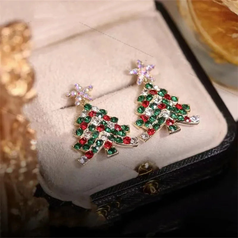 Boucles d'oreilles en forme d'arbre de Noël en zircon coloré pour femmes, boucles d'oreilles en cristal scintillant, flocon de neige, élan, bijoux pour filles, cadeaux de vacances du Nouvel An