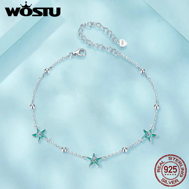 WOSTU 925 Sterling Silver Blue-green Starfish Anklet White Gold Plated Adjustable for Women Fine Jewelry Party Daily Gift