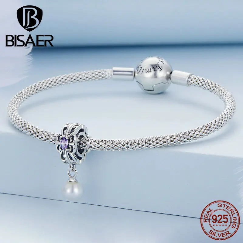 BISAER 925 Sterling Silver Moon Tassel Vintage Texture Purple CZ Charm Monternet Pearl Pendant Fit DIY Bracelet Necklace Jewelry