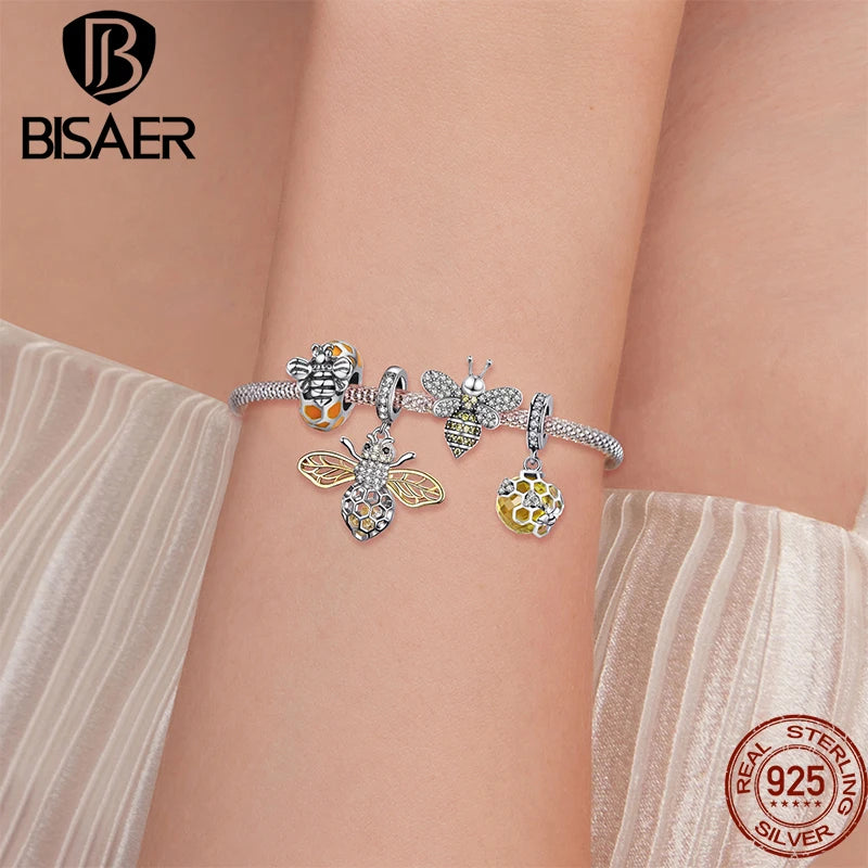 BISAER 925 Sterling Silber Bee Charm Tier Insekt Kristall Anhänger S925 Zirkon Perlen Fit Frauen DIY Armband Edlen Schmuck ECC1125