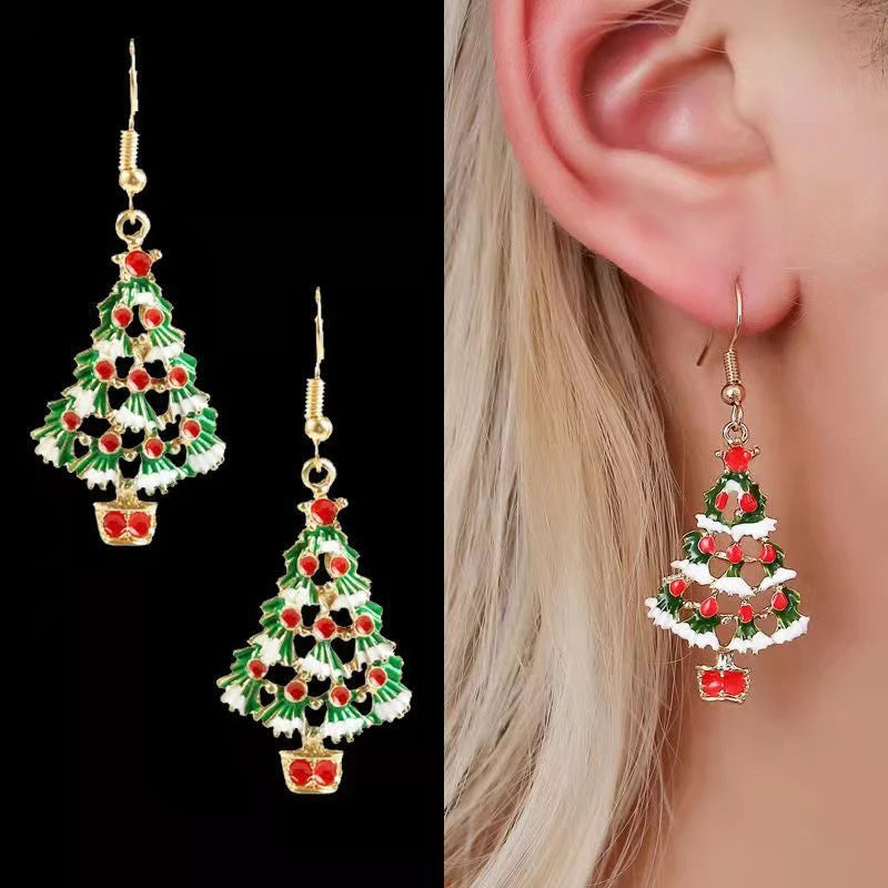 Boucles d'oreilles en forme d'arbre de Noël en zircon coloré pour femmes, boucles d'oreilles en cristal scintillant, flocon de neige, élan, bijoux pour filles, cadeaux de vacances du Nouvel An