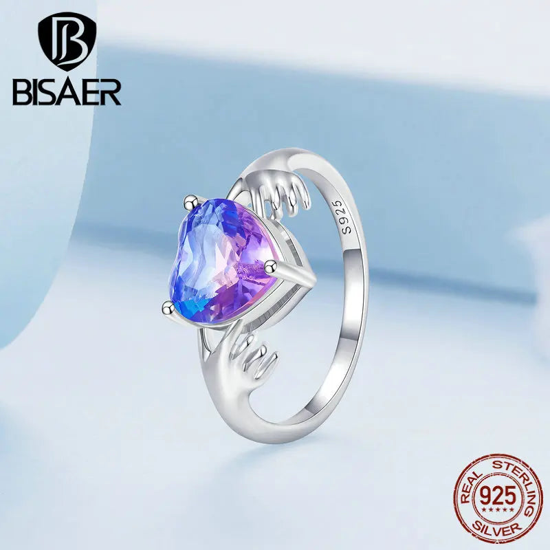 Bague en argent sterling 925 BISAER en forme de cœur avec mains en platine plaquées, bague de promesse dégradée colorée pour femme, bijoux fins de fête EFR345