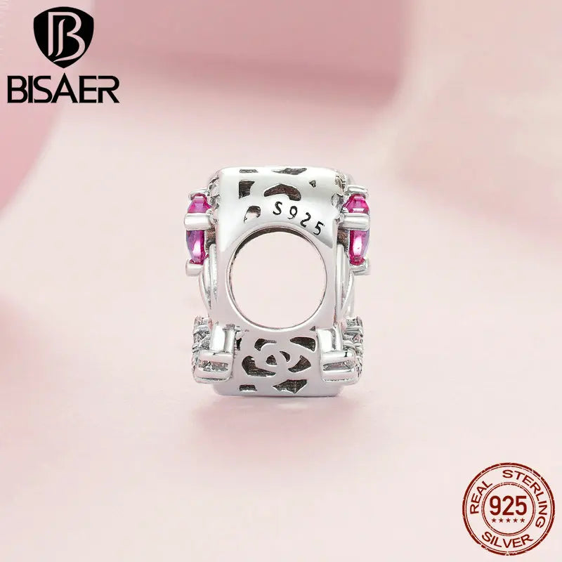 BISAER 925 Sterling Silver Heart Charm Rose Red Love Pendant Fit Mother's Day Birthday Bracelet Necklace DIY Fine Jewelry Gift