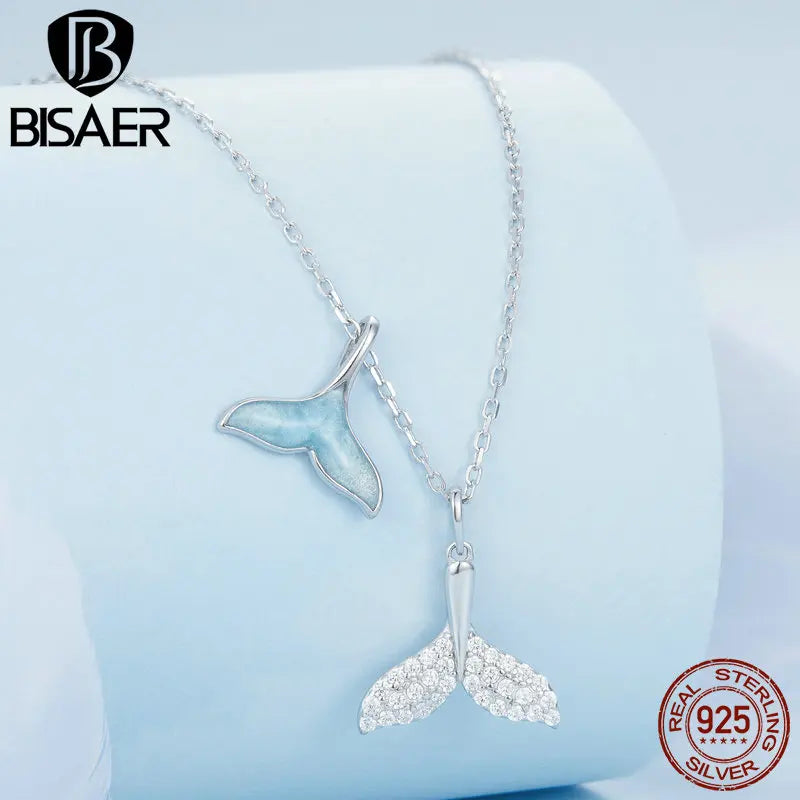 BISAER 925 Sterling Silver Blue Whale Tail Pendant Necklace Ocean Animal Chain Plated Platinum For Women Beach Party  Jewelry