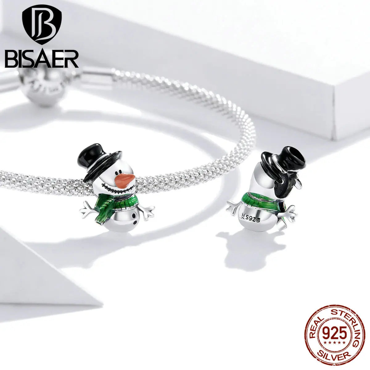 BISAER 925 Sterling Silver Christmas Series Charms Snowflakes Pendant Stocking Santa Little Snowman Beads for Bracelet Jewelry