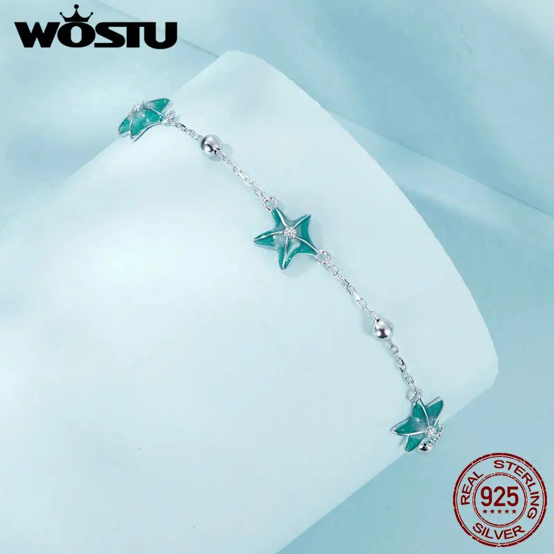 WOSTU 925 Sterling Silver Blue-green Starfish Anklet White Gold Plated Adjustable for Women Fine Jewelry Party Daily Gift
