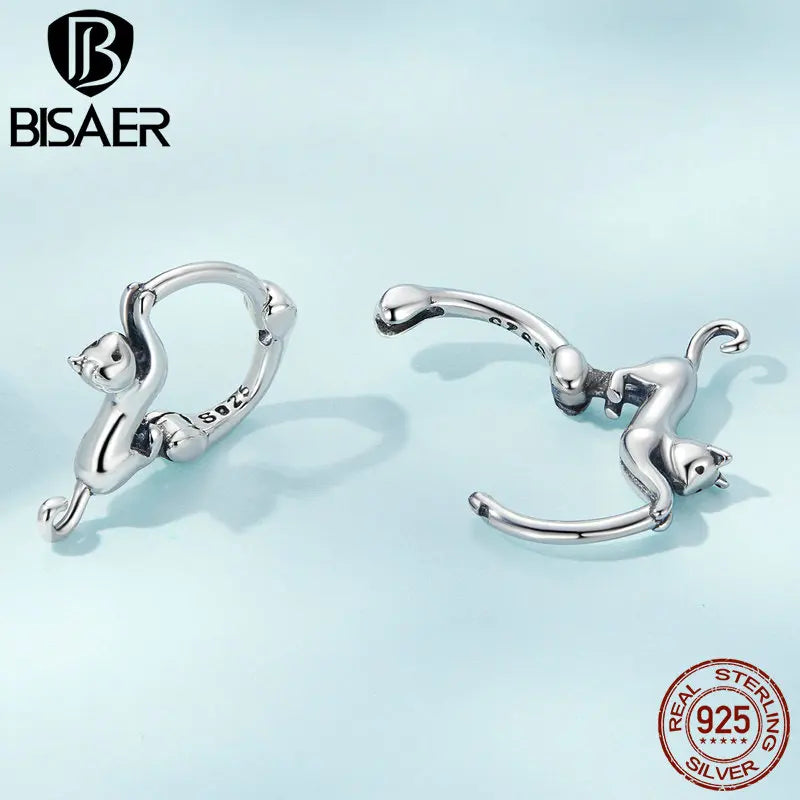 BISAER 100% 925 Sterling Silver Cute Cat Hoop Earrings 4 Colors Pet Animal Ear Clip For Women Party Original Fine Jewelry Gift