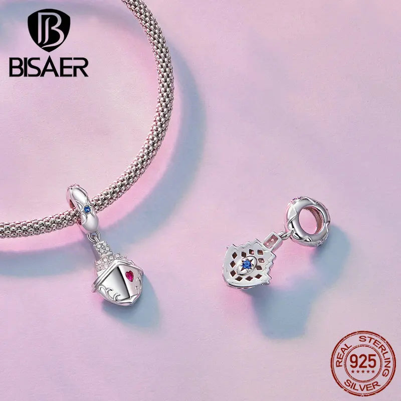 BISAER 925 Sterling Silver Heart Charm Bead Mom Steamship Pendant Plaqué Platine Fit Fête des Mères Anniversaire Bracelet DIY Bijoux