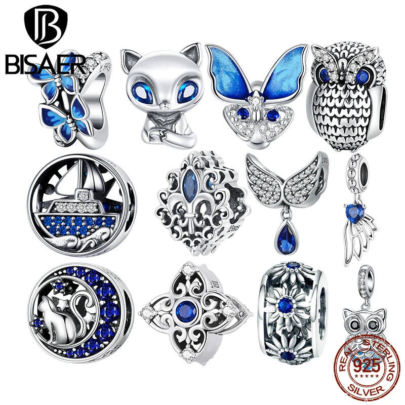 BISAER 925 Sterling Silver Vintage Blue Series Charm Fox Owl Beads Colgantes de plumas Compatible con pulseras originales Joyería fina DIY