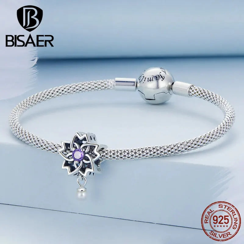 BISAER 925 Colgante de plata de ley con borlas de luna y textura vintage de circonita cúbica morada, perla monternet, apto para pulseras y collares, joyería DIY