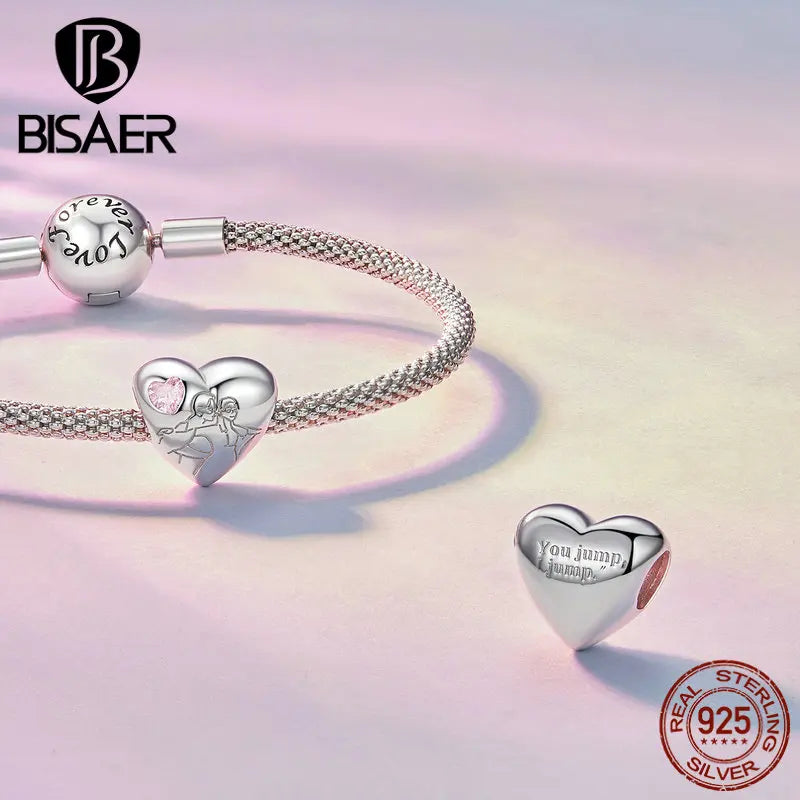 BISAER 925 Sterling Silver Heart Charm Bead Mom Steamship Pendant Plated Platinum Fit Mother's Day Birthday Bracelet DIY Jewelry