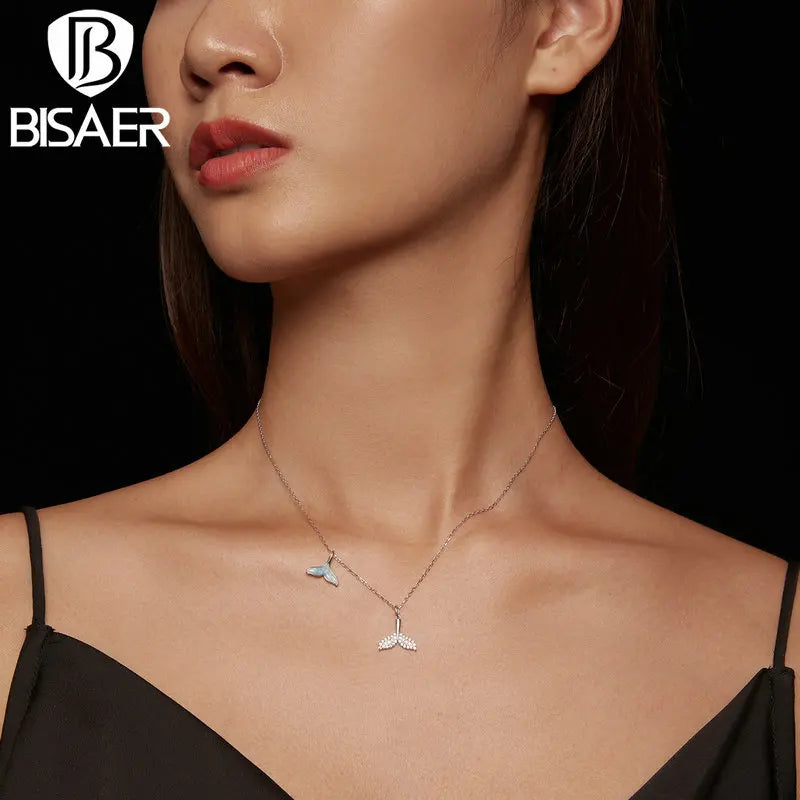 BISAER 925 Sterling Silver Blue Whale Tail Pendant Necklace Ocean Animal Chain Plated Platinum For Women Beach Party  Jewelry