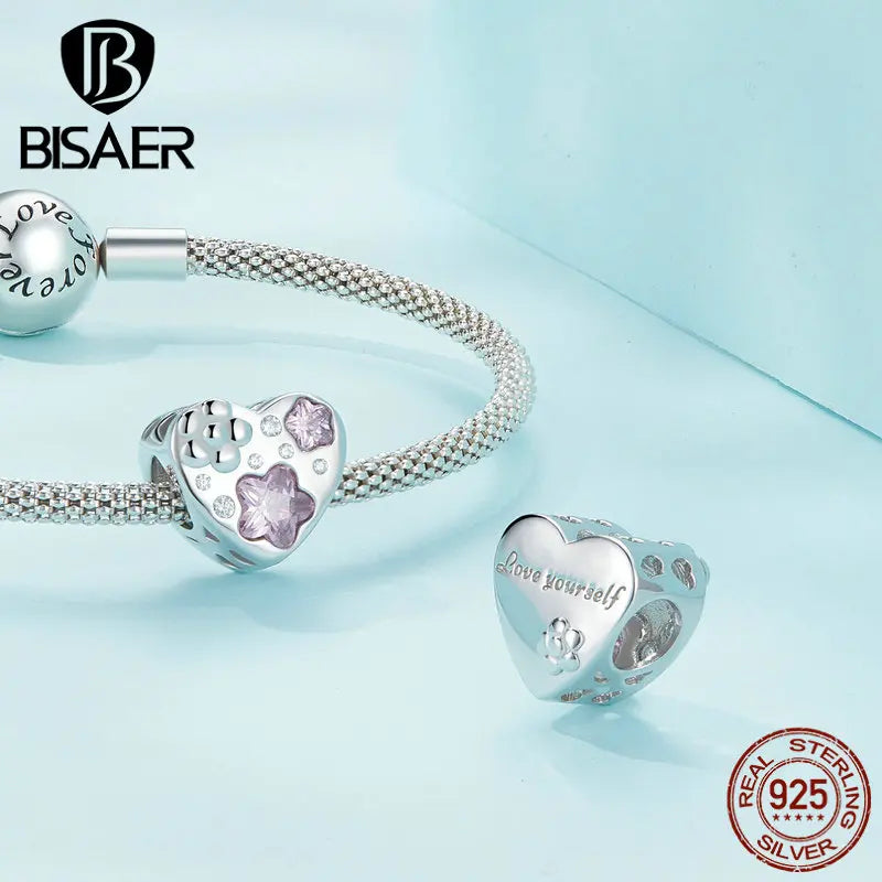 BISAER 925 Sterling Silver Heart Charm Bead Mom Steamship Pendant Plaqué Platine Fit Fête des Mères Anniversaire Bracelet DIY Bijoux