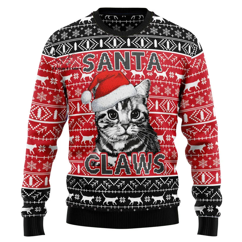 Xmas Santa Claus Cat Animal Colorful Tattoo Retro 3DPrint Funny Christmas Ugly Knitted Sweater Harajuku Casual Long Sleeves X18