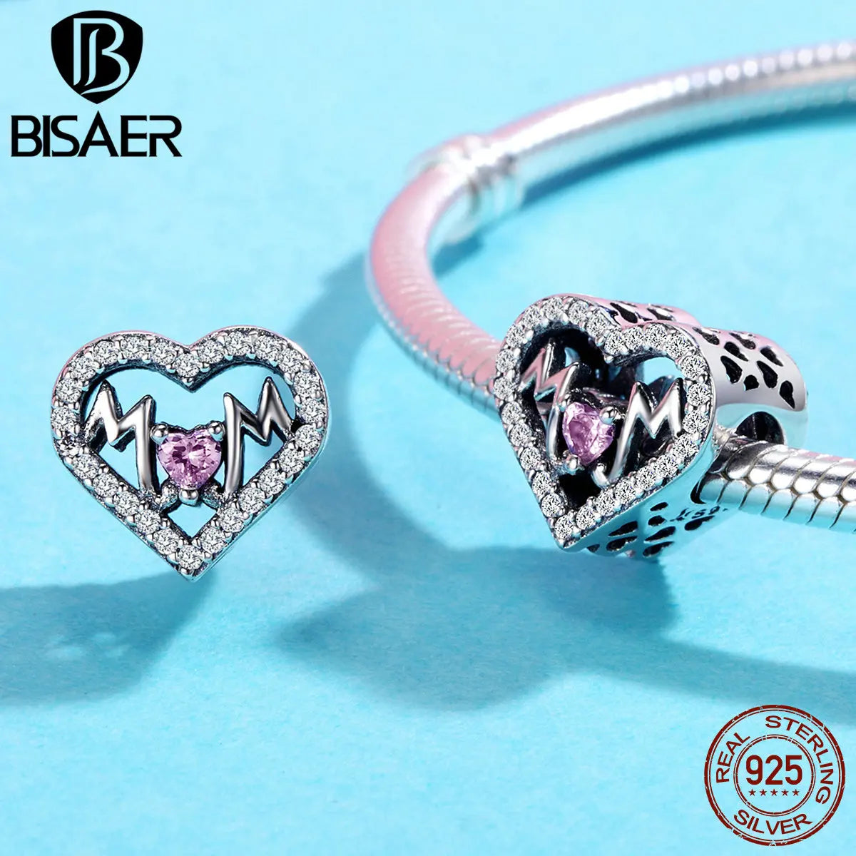 BISAER 925 Sterling Silver Family Heart Pendant Mom Charms Bead Fit Women Bracelet & Necklace DIY Fine Jewelry Mother's Day Gift