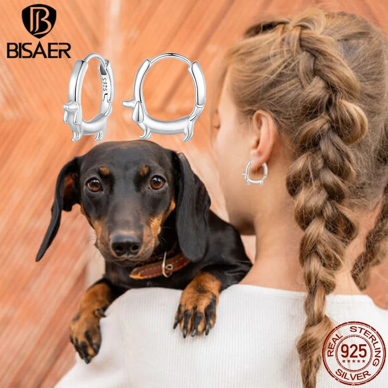 BISAER 925 Sterling Silver Cute Dachshund Ear Buckles Dog Pet Hoop Earrings Platinum Plated for Women Party Fine Jewelry ECE1677