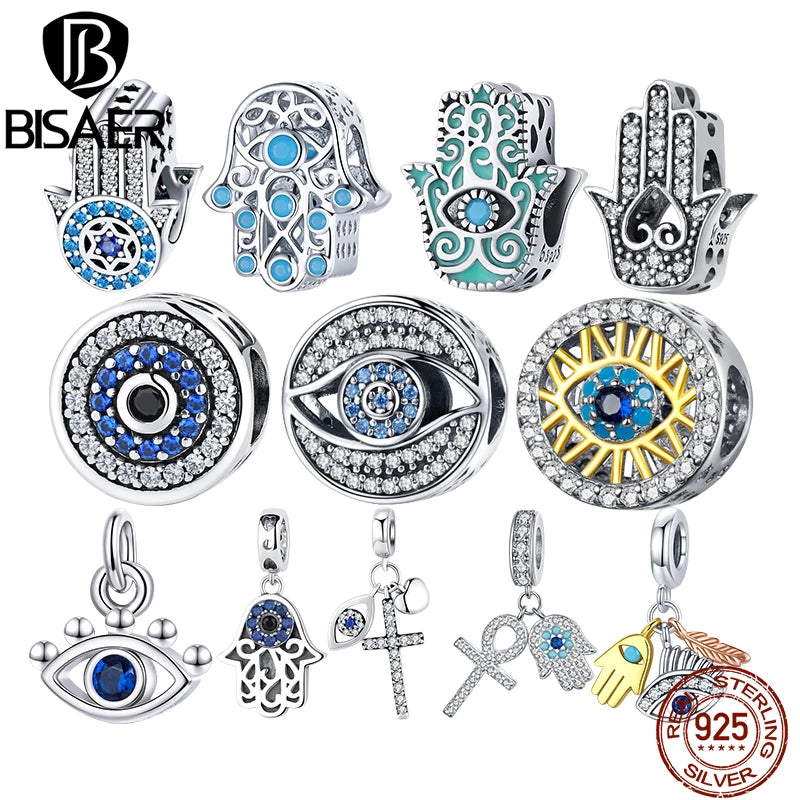 BISAER 925 Sterling Silver Vintage Blue Demon Eye Charm Bead Main de Fatima Pendentif Fit Femme Original Bracelet Fine DIY Bijoux