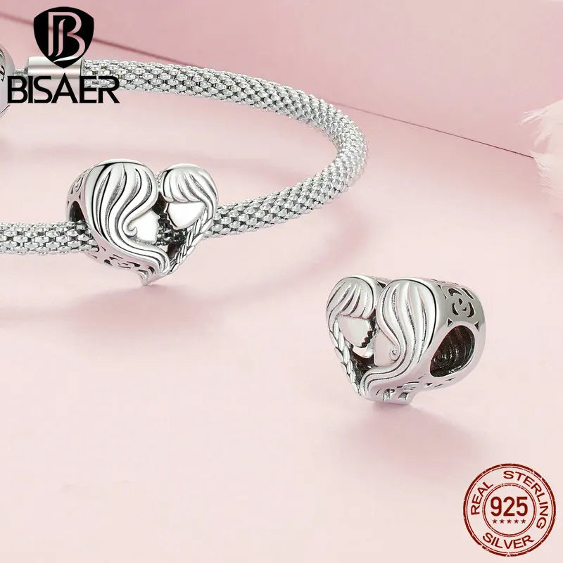 BISAER 925 Sterling Silver Mother Daughter Charm Barefoot Bead Fit Mother's Day Birthday Bracelet Necklace DIY Fine Jewelry