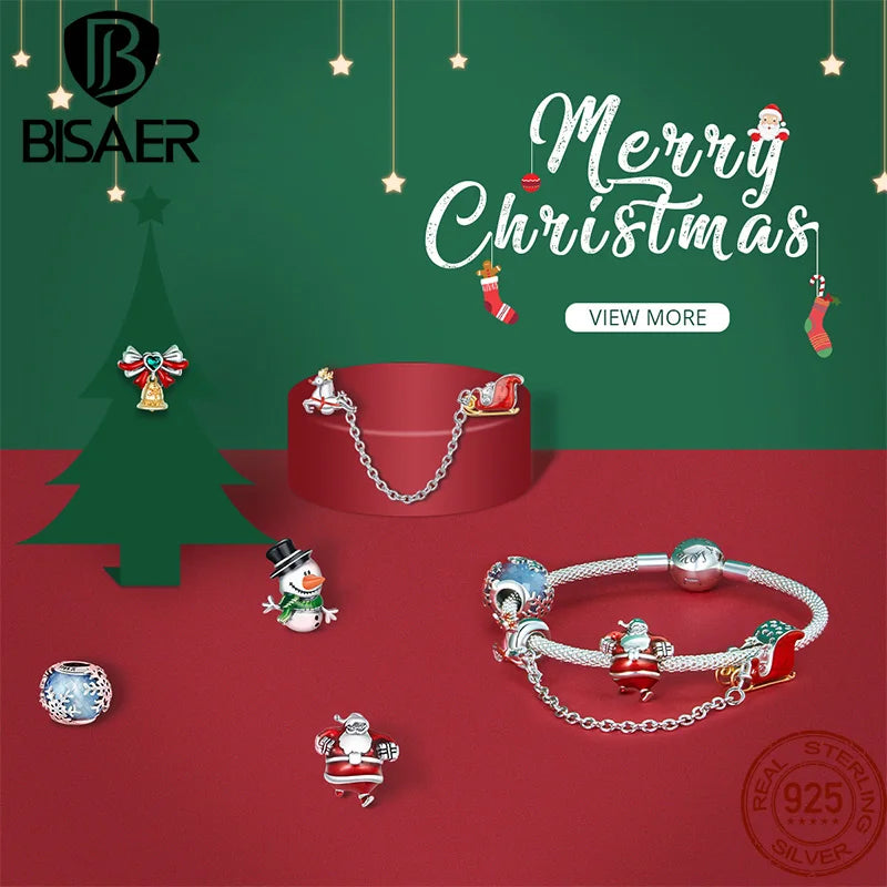 BISAER 925 Sterling Silver Christmas Series Charms Snowflakes Pendant Stocking Santa Little Snowman Beads for Bracelet Jewelry