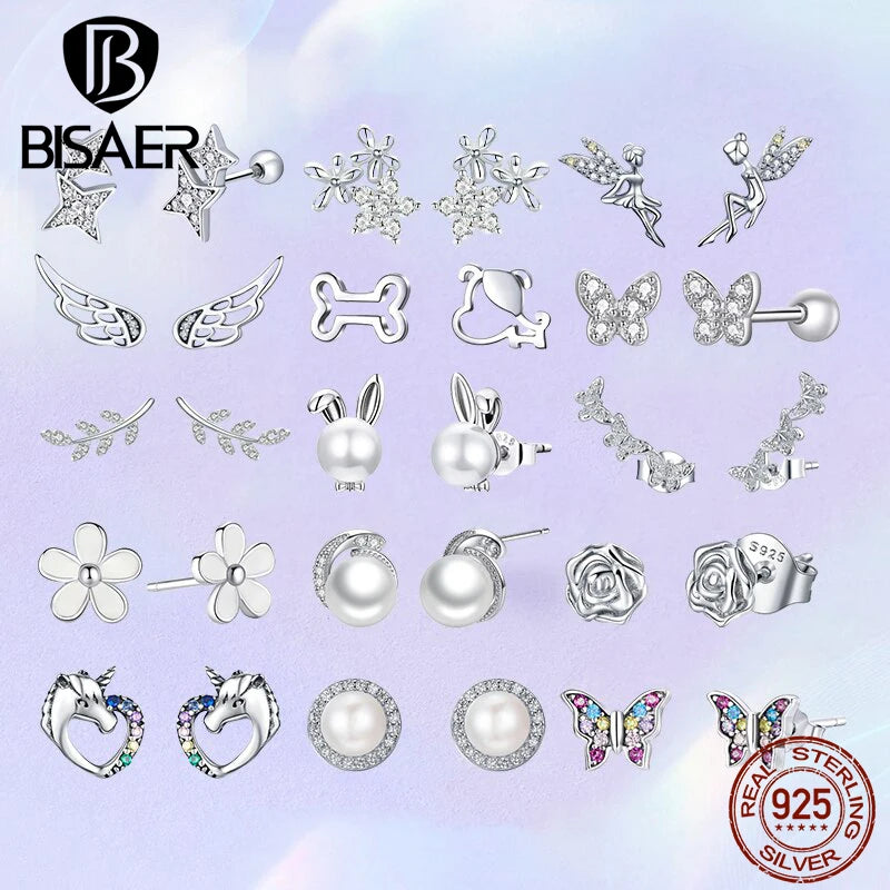 BISAER 925 Sterling Silver Flowers Stud Earrings Animal Rabbit Butterfly Plated Platinum Earring for Women Original Fine Jewelry