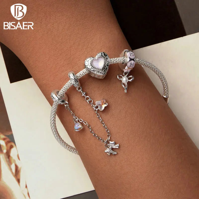 BISAER - Abalorio de plata de ley 925 con forma de oso de princesa y bailarina, cadena de seguridad con lazo para zapatos de color rosa, apto para pulseras de mujer DIY, joyería fina