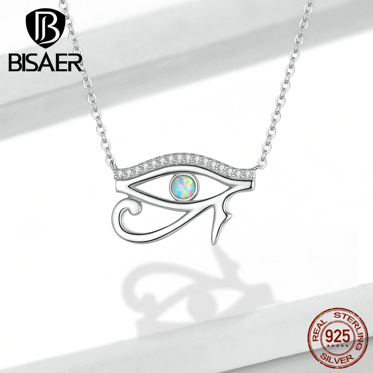 BISAER Halskette aus 925er Sterlingsilber, Anhänger mit Auge des Horus im alten Ägypten, platinbeschichtet, für Damen, Party, edler Schmuck, Geschenk