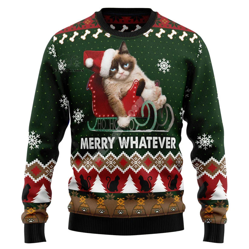 Xmas Santa Claus Cat Animal Colorful Tattoo Retro 3DPrint Funny Christmas Ugly Knitted Sweater Harajuku Casual Long Sleeves X18