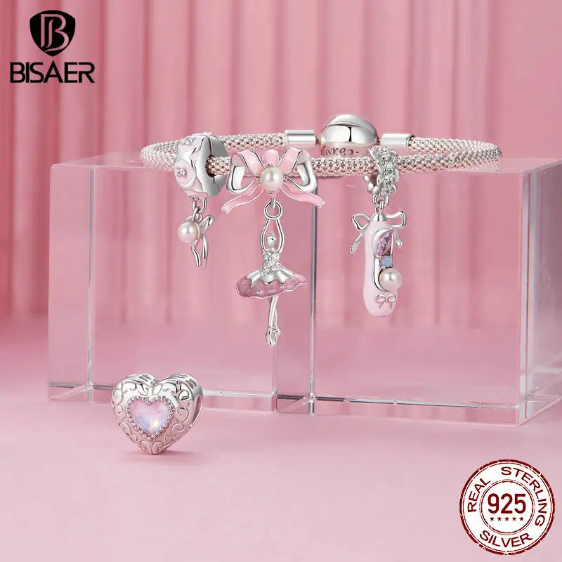 BISAER - Abalorio de plata de ley 925 con forma de oso de princesa y bailarina, cadena de seguridad con lazo para zapatos de color rosa, apto para pulseras de mujer DIY, joyería fina