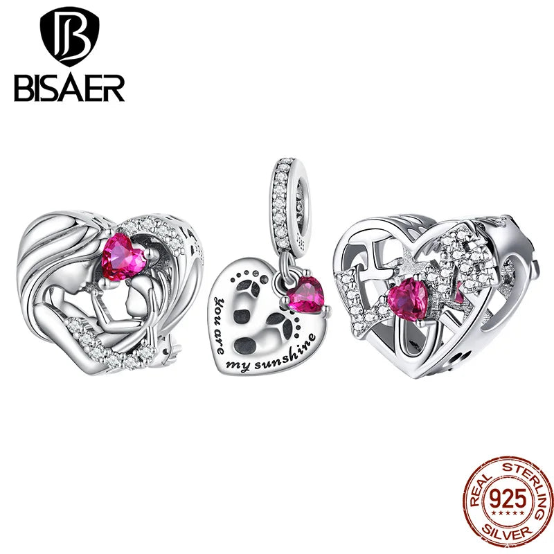 BISAER 925 Sterling Silver Heart Charm Rose Red Love Pendant Fit Mother's Day Birthday Bracelet Necklace DIY Fine Jewelry Gift