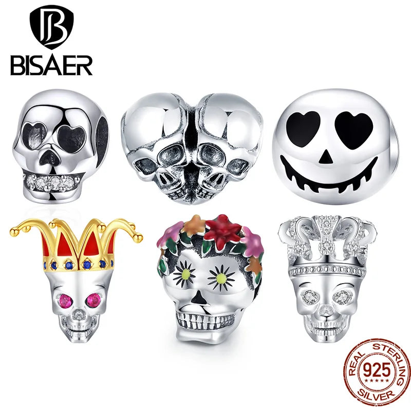 BISAER 925 Sterling Silver Rock Skull Pendant Ghost Face Charm Bead Fit Bracelets & Necklace Halloween Party DIY Fine Jewelry