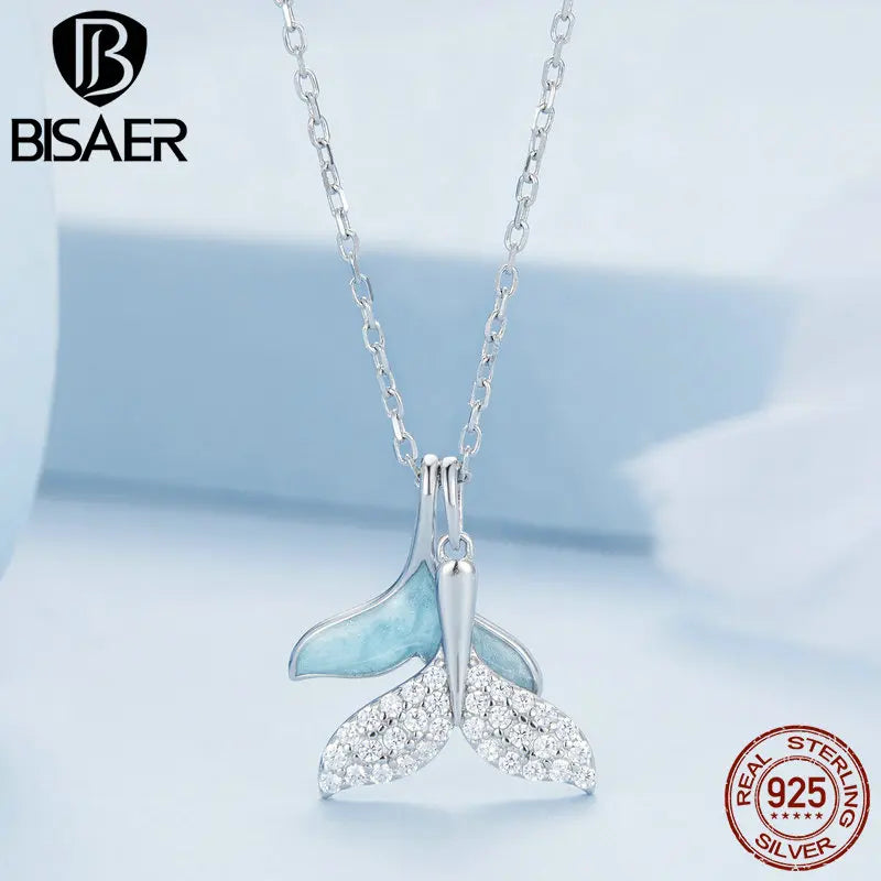 BISAER 925 Sterling Silver Blue Whale Tail Pendant Necklace Ocean Animal Chain Plated Platinum For Women Beach Party  Jewelry