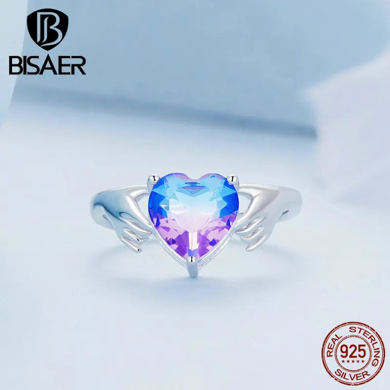 BISAER 925 Sterling Silver Heart Ring Plated Platinum Hands Promise Rings Gradient Colorful For Women Party Fine Jewelry EFR345