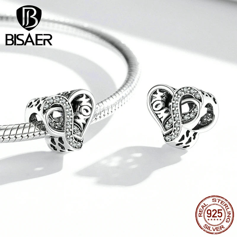 BISAER 925 Sterling Silver Family Heart Pendant Mom Charms Bead Fit Women Bracelet & Necklace DIY Fine Jewelry Mother's Day Gift