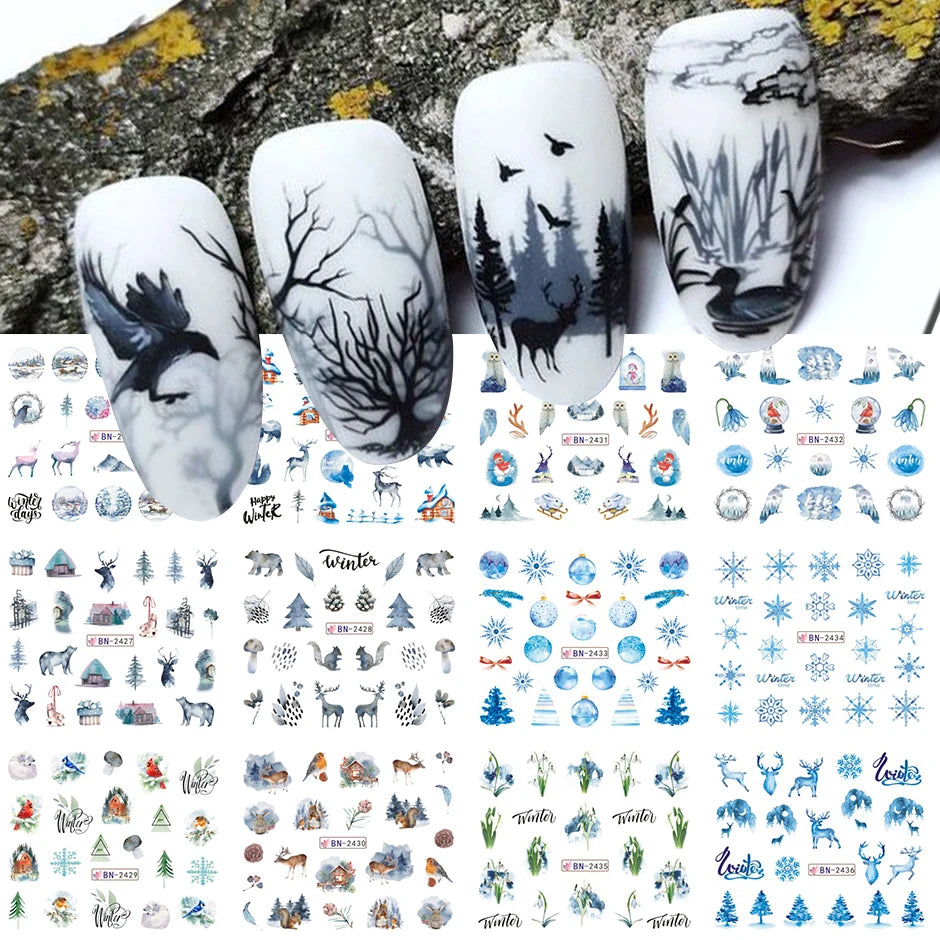 12 Uds pegatinas de uñas de invierno cabina paisaje ciervo oso pájaro árbol Animal deslizadores de agua blanco nieve calcomanías decoración artística de uñas SABN