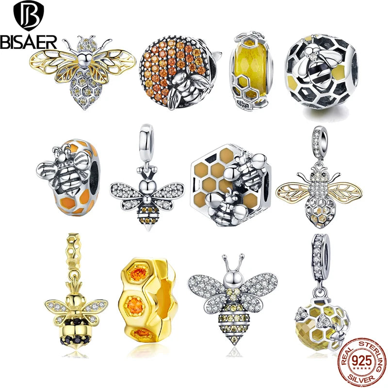 BISAER 925 Sterling Silver Bee Charm Animal Insect Crystal Pendant S925 Zircon Beads Fit Women DIY Bracelet Fine Jewelry ECC1125