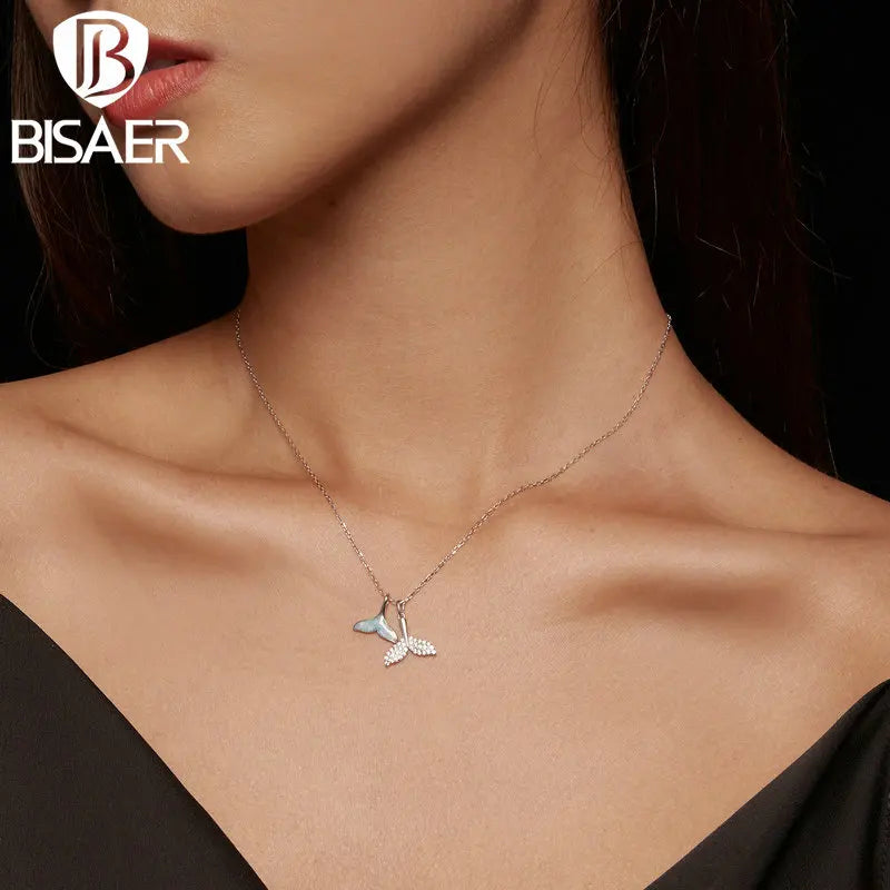 BISAER 925 Sterling Silver Blue Whale Tail Pendant Necklace Ocean Animal Chain Plated Platinum For Women Beach Party  Jewelry