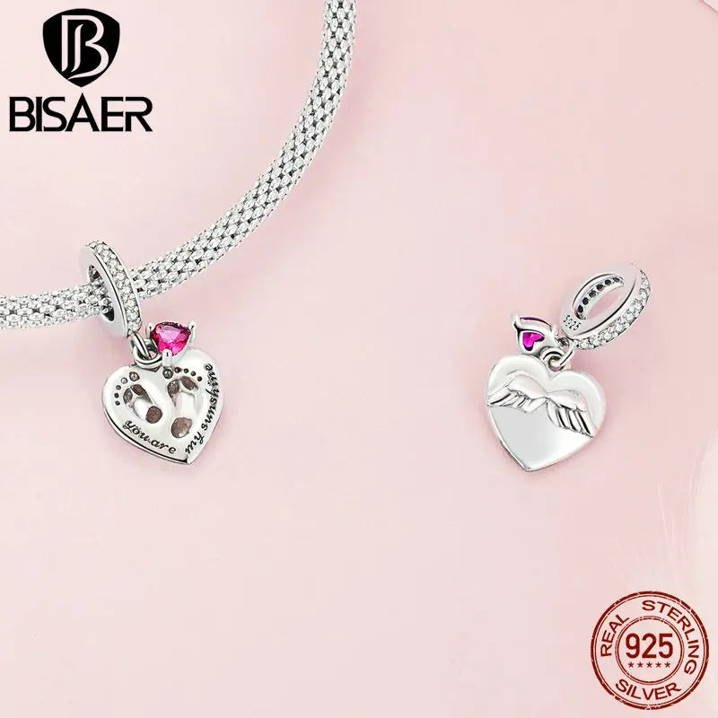 BISAER 925 Sterling Silver Heart Charm Rose Red Love Pendant Fit Mother's Day Birthday Bracelet Necklace DIY Fine Jewelry Gift