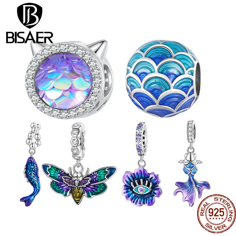 BISAER 925 Sterling Silver Dragon Scale Charm Colorful Gradient Carp Devil Flower Fish Cat Pendant Fit Bracelet DIY Fine Jewelry