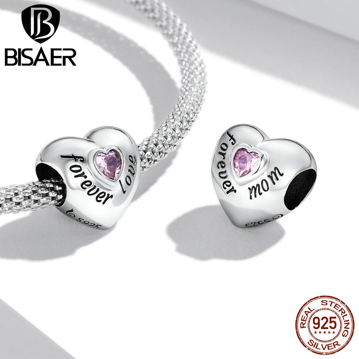 BISAER 925 Sterling Silver Family Heart Pendant Mom Charms Bead Fit Women Bracelet & Necklace DIY Fine Jewelry Mother's Day Gift