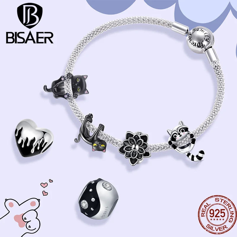 BISAER 925 Charms de corazón de plata esterlina con cuentas de amor ardiente colgante de gato negro vintage para mujer pulsera collar joyería fina DIY