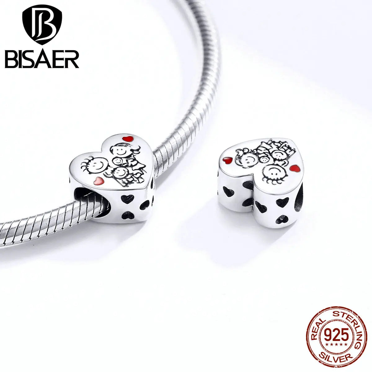 BISAER 925 Sterling Silver Family Heart Pendant Mom Charms Bead Fit Women Bracelet & Necklace DIY Fine Jewelry Mother's Day Gift