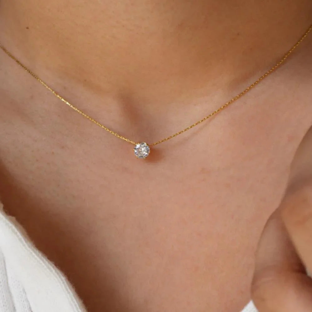 Collier en acier inoxydable plaqué or avec breloque en zircon minimaliste et délicat, chaîne anti-ternissement, pierre ronde transparente en zircone cubique, bijoux pour femmes