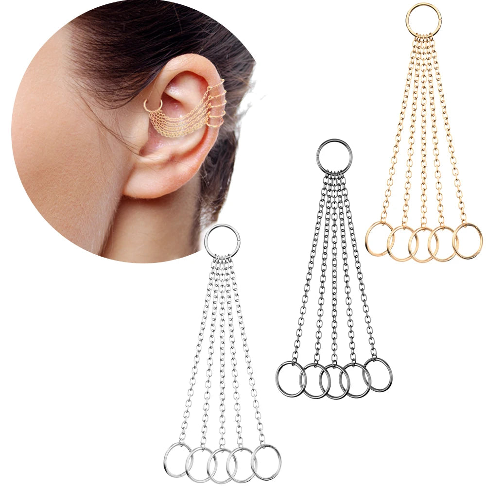 Long Chain Cuff Earrings 6 Rings Steel Helix Tragus Piercing Fake Non Piercing Ear Women Jewelry Body Cartilage Hoop Studs Oreja