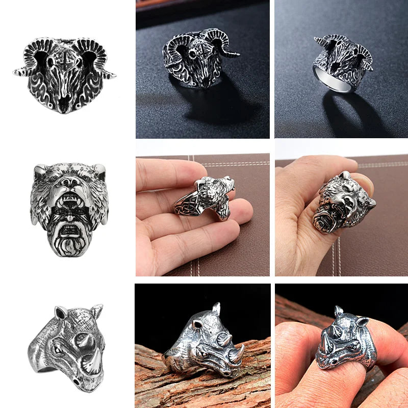 Personality Animal Dragon Elephant Lion Tiger Wolf Rings for Men Stainless Steel Cool Biker Ring Fashion Jewelry Accessories