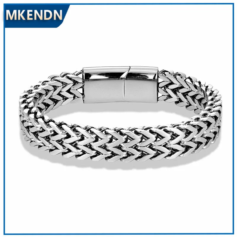 MKENDN Luxry Double Curb Chain Bracelets For Men Stainless Steel Punk Rock Biker Antique Cubic Chain Male Pulseira Jewelry