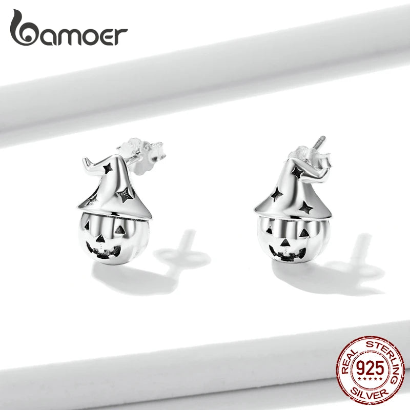 bamoer Vintage 925 Sterling Silver Ghost Witch Halloween Pumpkin Stud Earrings for Women Party Jewelry BSE537