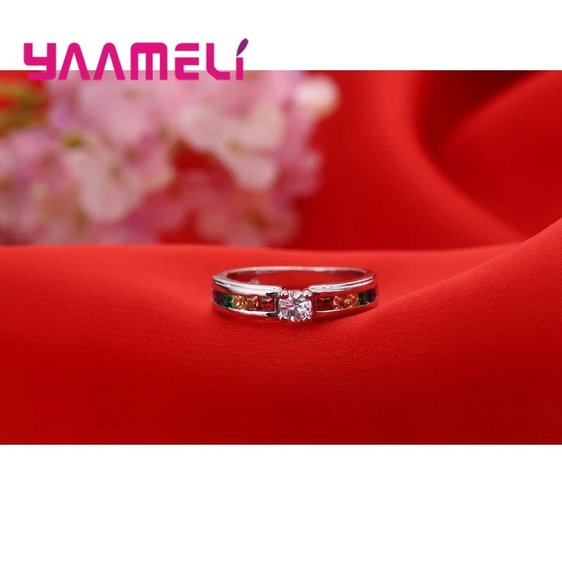 Bague en argent sterling 925 véritable à 100 % avec zircon cubique arc-en-ciel pour femme, accessoire de mariage, de fiançailles, de demande en mariage