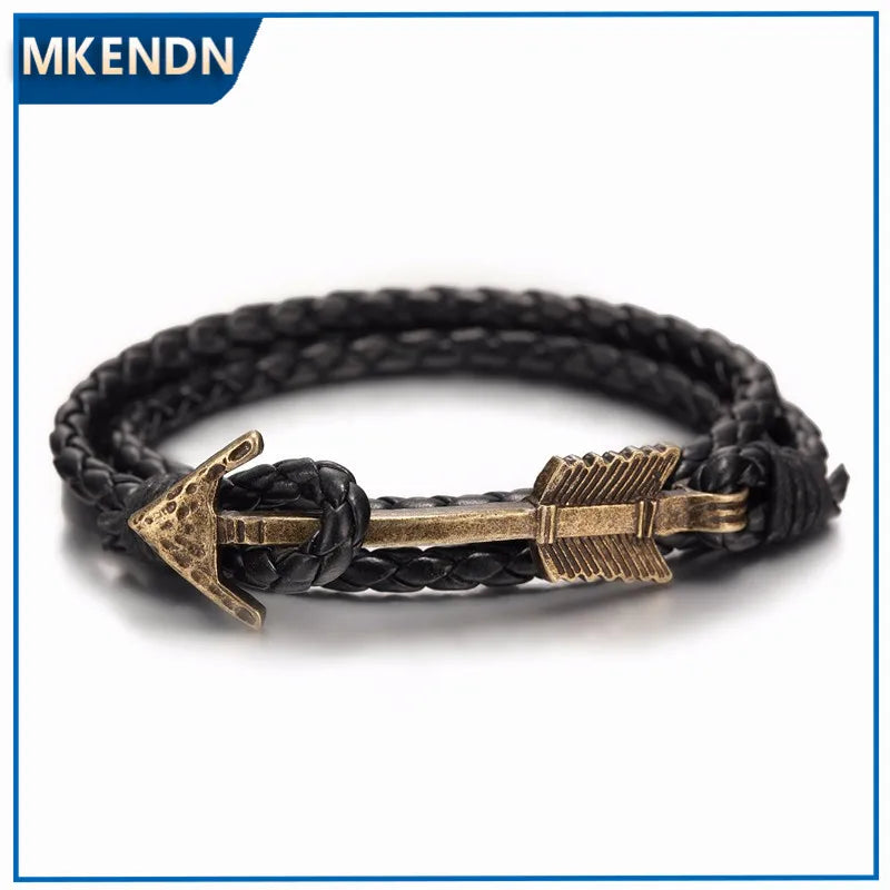 MKENDN New Arrival Multilayer charm leather Vintage Bronze  Arrow bracelet anchor bracelet for men women lovers' gift